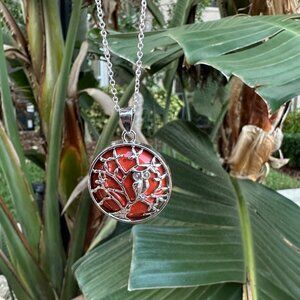 NEW Large Red Jasper Owl on a Tree Pendant Necklace